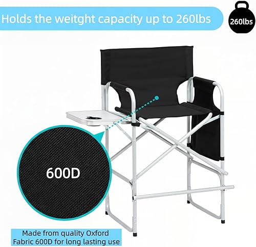 Miniatura 5 de Silla de director plegable de 41 pulgadas de alto con reposapiés, mesa auxiliar y portavasos, portátil para campamento, pesca, estudios de