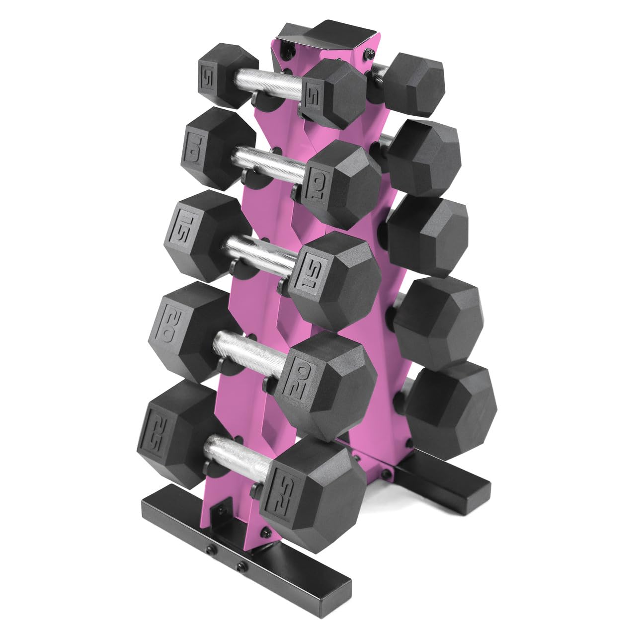 WF Athletic Supply 5-25Lb Rubber Coated Black Handle Hex Dumbbell Set with A Frame Storage Rack Non-Slip Hex Shape for Muscle Toning, Straight Handle, Pink Rack
