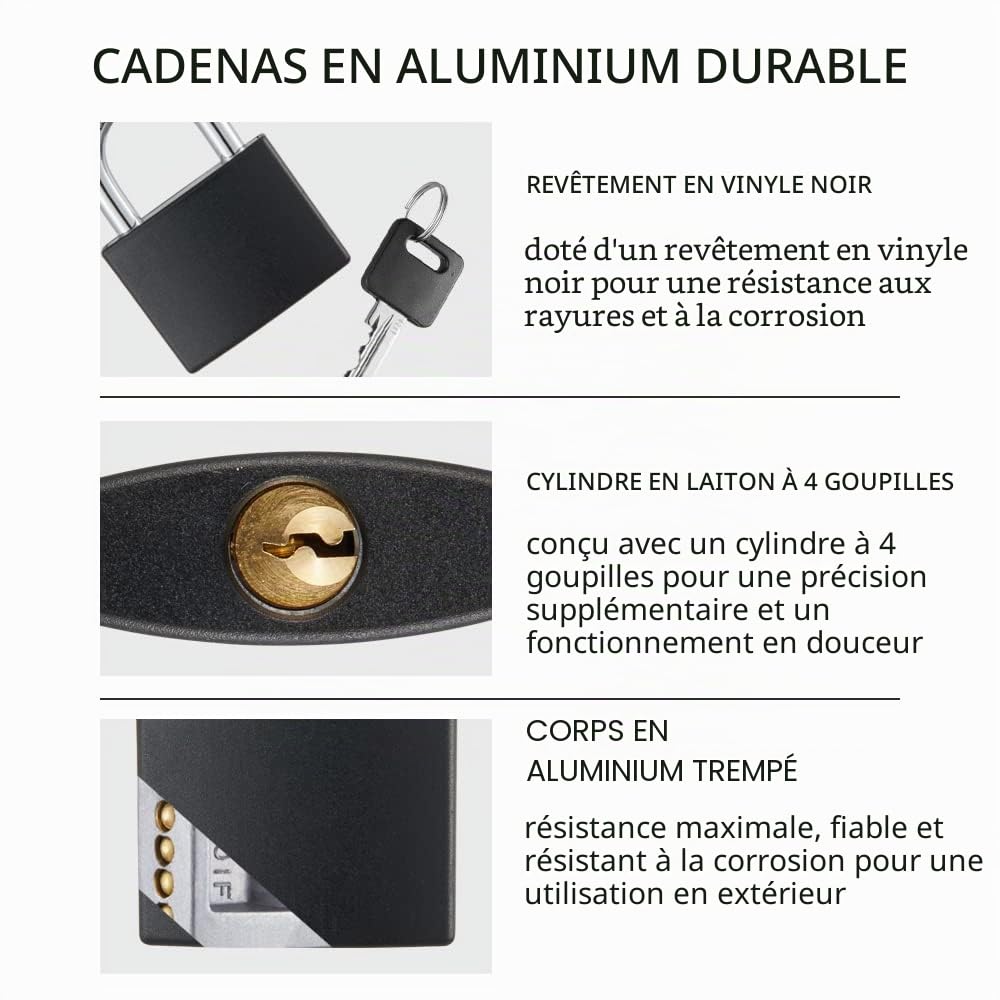 CINCINNO Lot de 8 cadenas recouverts en aluminium avec clé, 4,5 cm avec la même clé, serrure à clé pour l'extérieur