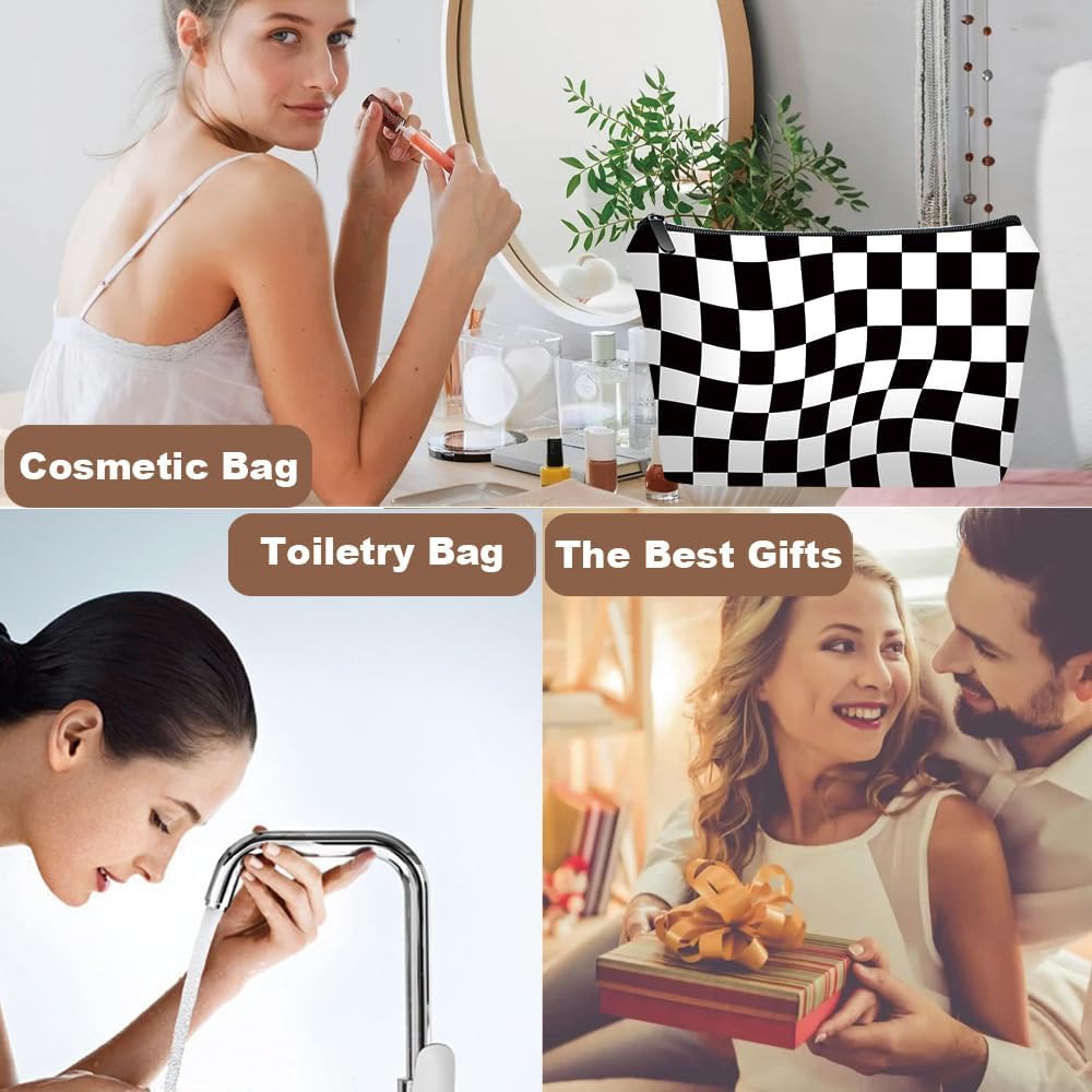 Personalized Black Checkered Travel Makeup Cosmetic Bag set with Mirror for women girls,Black Checkerboard Makeup Bag organizer kit for Travel & Daily Use,Checkered bag Gifts for Girls Friends - Image 3
