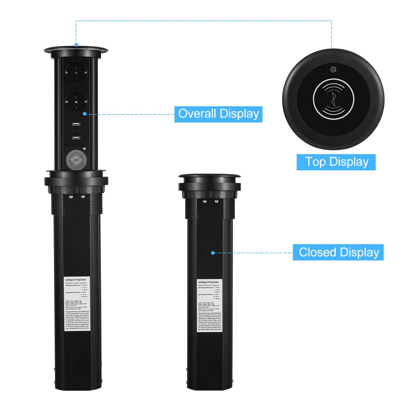Ciabatta elettrica Retrattile con Protezione da sovratensione motorizzata Intelligente con Presa Pop-up con stazioni di Ricarica USB per bancone da Cucina, Sala conferenze