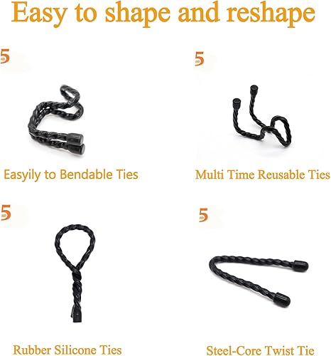 Miniatura 3 de Generic 24 bridas para cables de silicona negra, lazos de goma reutilizables flexibles para agrupar y sostener, ataduras de cables multiusos para
