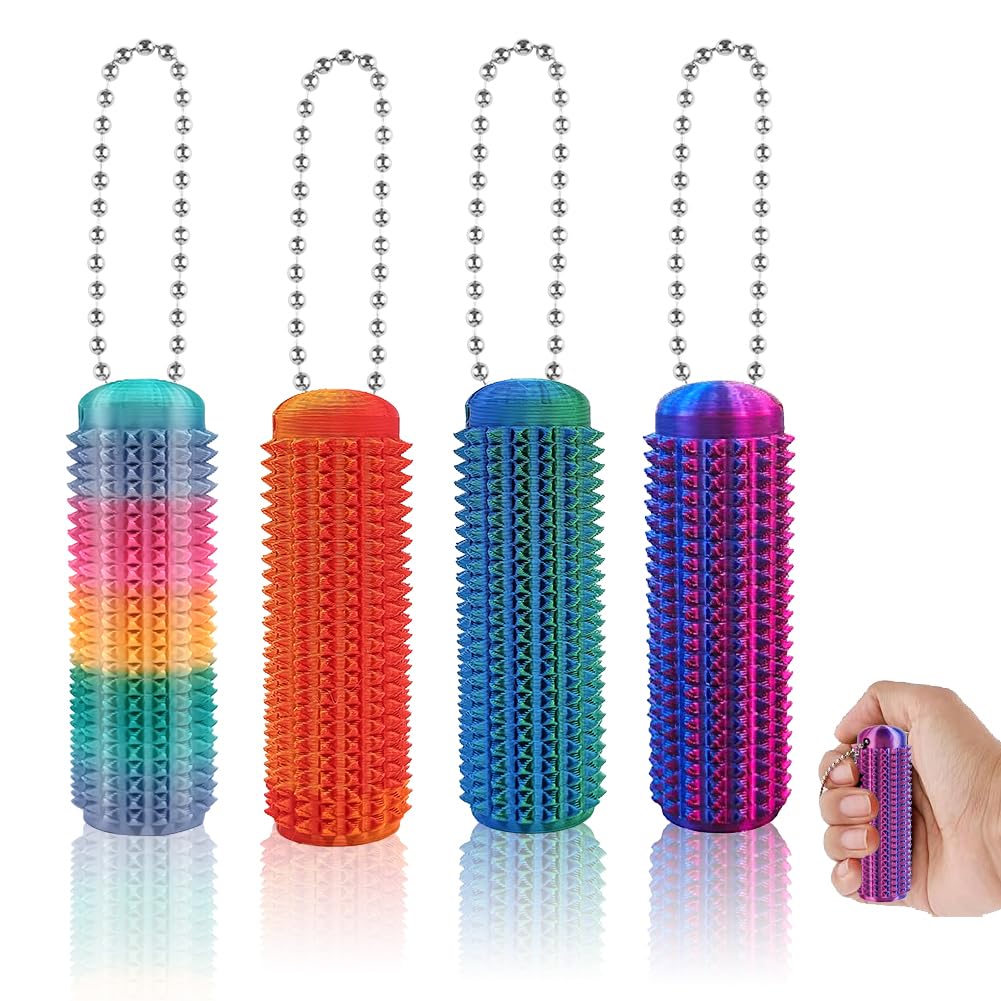 4Pcs Fidget Toys, Spiky Grippie Stim Keychain, Pain Stim Fidget Toy for Adults & Teens, 3D Printed Spiky Grippie Stim Keychain, Office Workers Novelty Gifts for Men (Laser)
