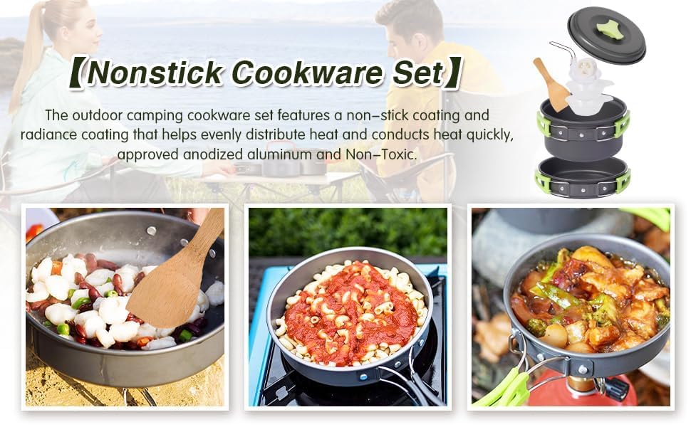 Image of Camping Cookware Set, 11 Pcs Mess Kit, Non-Stick Pot, Pan and Kettle, Foldable Handles, Lightweight, for Camping, Hiking, Travel and Festivals,Multicolour,Pack of 1