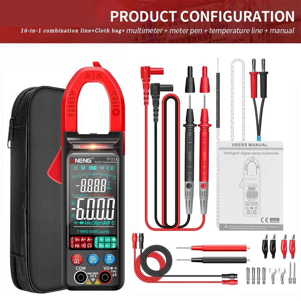 ST212 6000Counts 400A Pinza amperometrica digitale True RMS AC DC | Misura corrente AC DC e valori elettrici senza scollegare i circuiti per manutenzione e diagnosi(ST212 Red PRO)