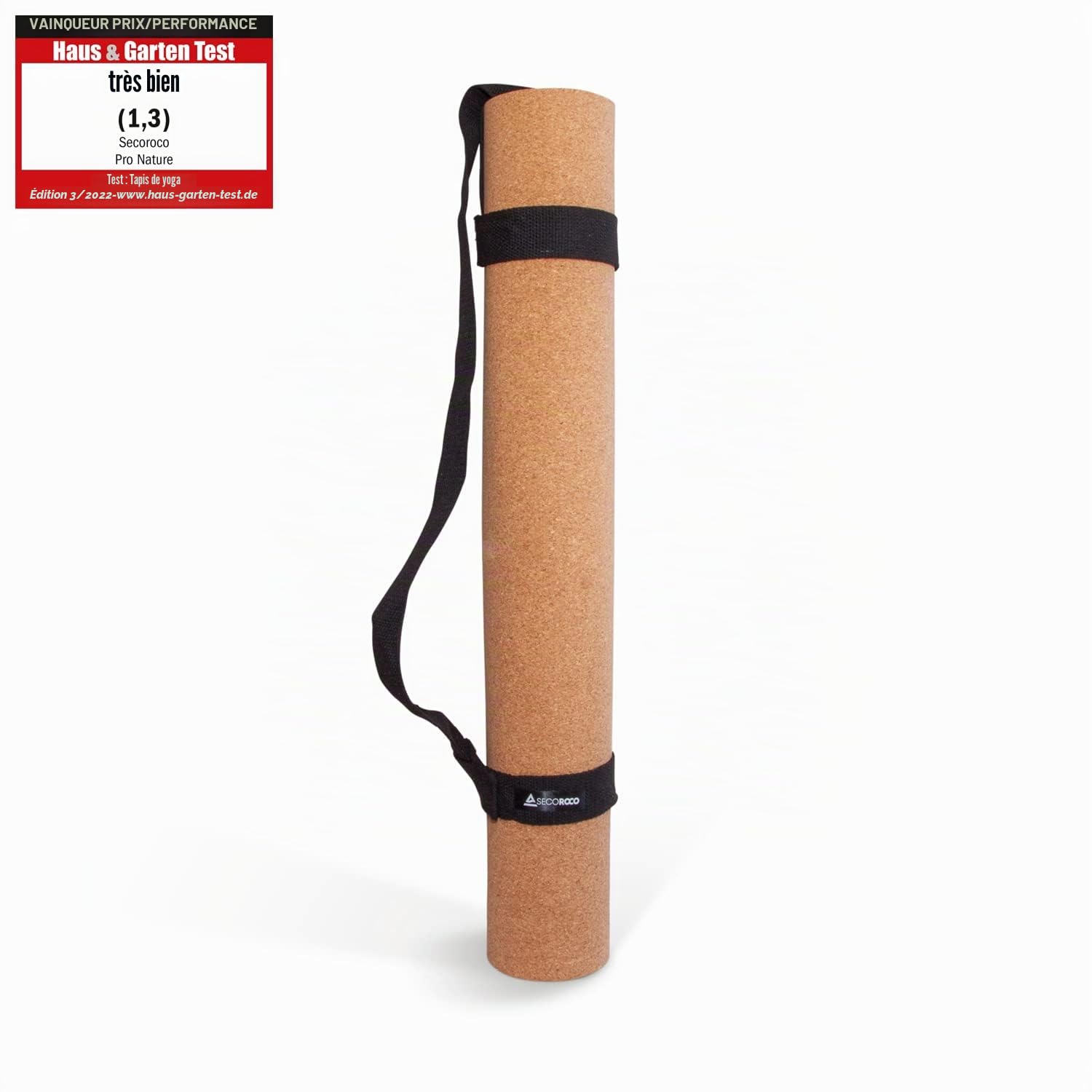 Tapis de yoga Pro en liège - Vainqueur du test - Très grand format - 200 x 66 cm - Testé avec très bien - Avec sangle de transport et sac de yoga