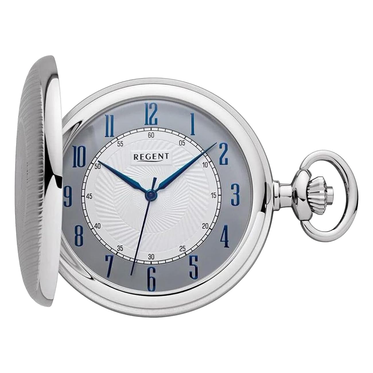 REGENT Savonnette Montre de poche pour homme avec couvercle à rabat chromé 50 mm à quartz blanc et cadran gris chiffres arabes