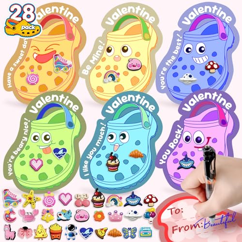 Valentines Day Cards for Kids School - 56 Shoe Charms Bulk & 28 PCS Shoe Cards for Gift Exchange Valentines Day Gifts for Kids Classroom Party Favors & Non-Candy Prizes for Boys and Girls 3 Age +