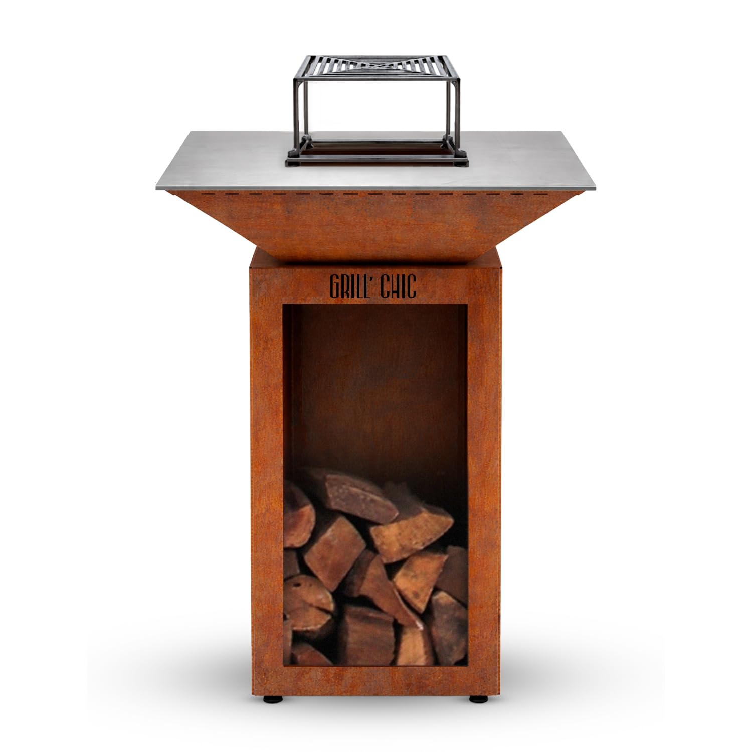 GRILL'CHIC - Pack Privilège Brasero Cévenol Corten Bois Carré - Simple Cuve - Avec Bâche + Grille + Stop Food Inclus - À Assembler - Fabriqué en France - 74 L x 74 P x 89 H cm