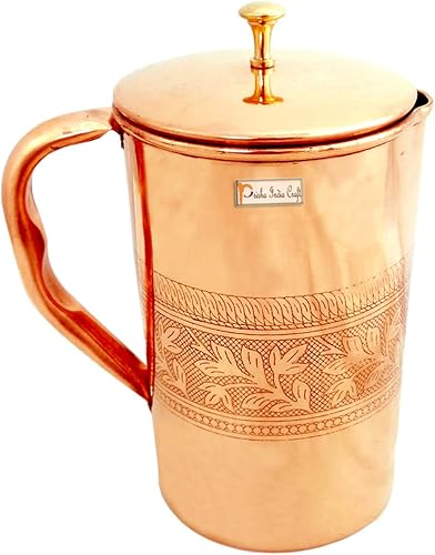Prisha India - Jarra de cobre puro, diseño en relieve, capacidad de 1600 ml