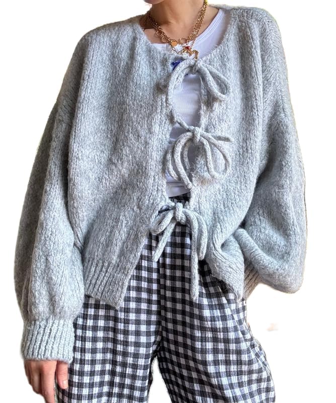 Image of Women Tie Front Oversized Knitted Cardigan Y2k Girls Knitwear Sweater Top Lantern Sleeve Open Front Cardigan (Grey, M)
