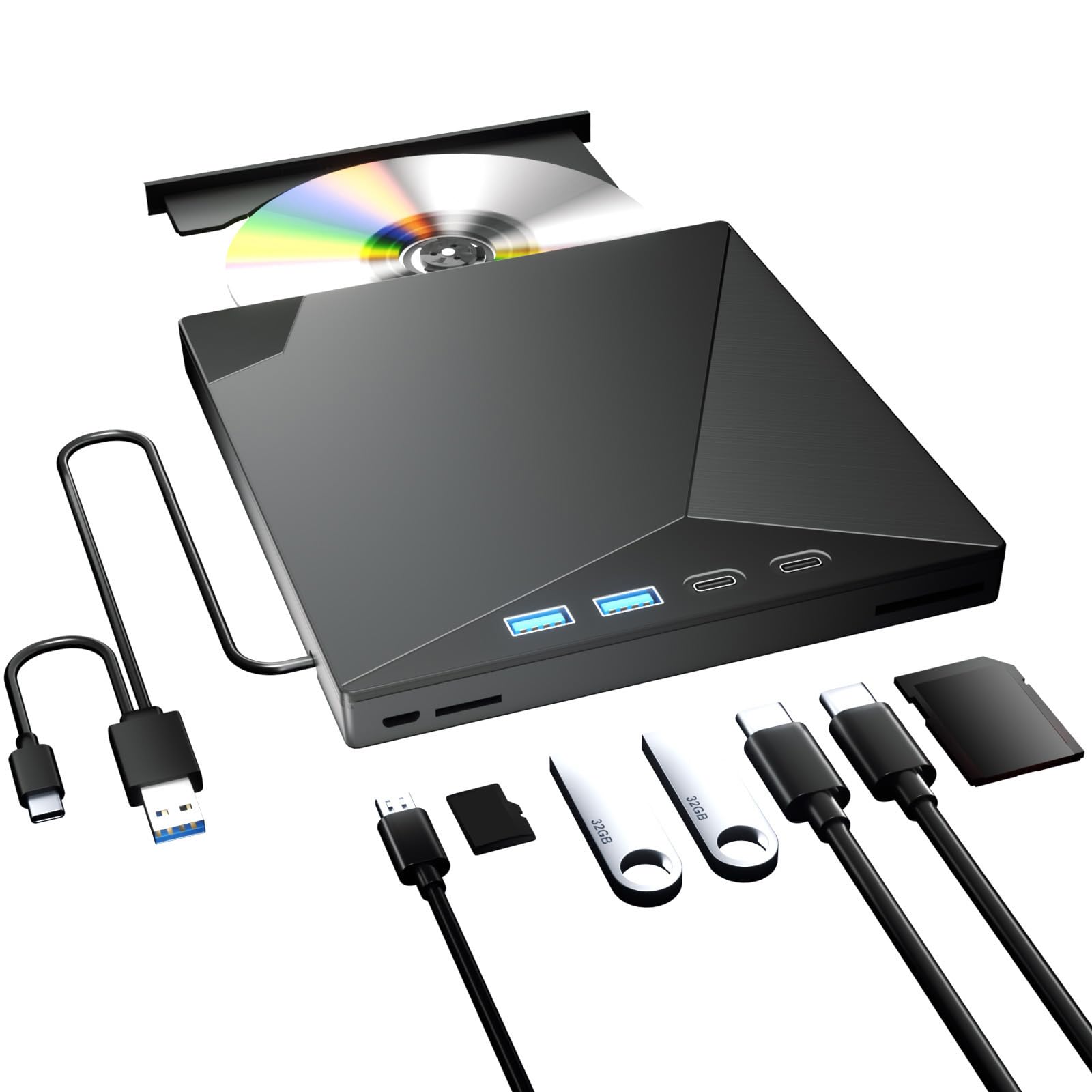 External CD/DVD Drive for Laptop,Taopjwr 7-in-1 CD Player USB 3.0 and Type-C Portable DVD Player CD ROM DVD Player Portable CD Reader Compatible with Latptop PC Windows XP/7/8/10, Linux Mac OS