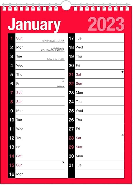 2023 Calendar Spiral Bound Wall Planner for Home Business Office School 1 January 2023 to 31 December 2023 (A4 Large Print Month To View)