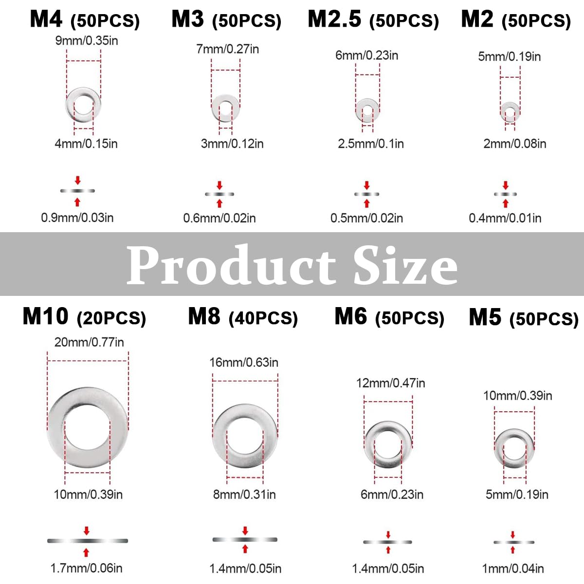Serplex® 304 Stainless Steel Flat Washers for Screws Bolts, Assorted Washers for Screws Flat Washers for Screws, Assorted Hardware Lock Metal Washers Kit (8 Sizes-M2 M2.5 M3 M4 M5 M6 M8 M10) - Image 2 thumbnail
