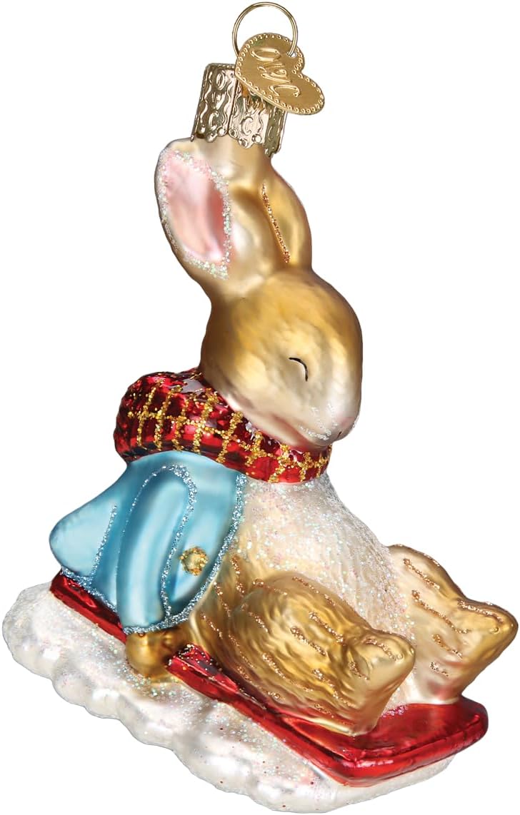 Old World Christmas Peter Rabbit On Sled Glass Blown Ornament for Christmas Tree, Handcrafted Holiday Decoration, Peter Rabbit Collection