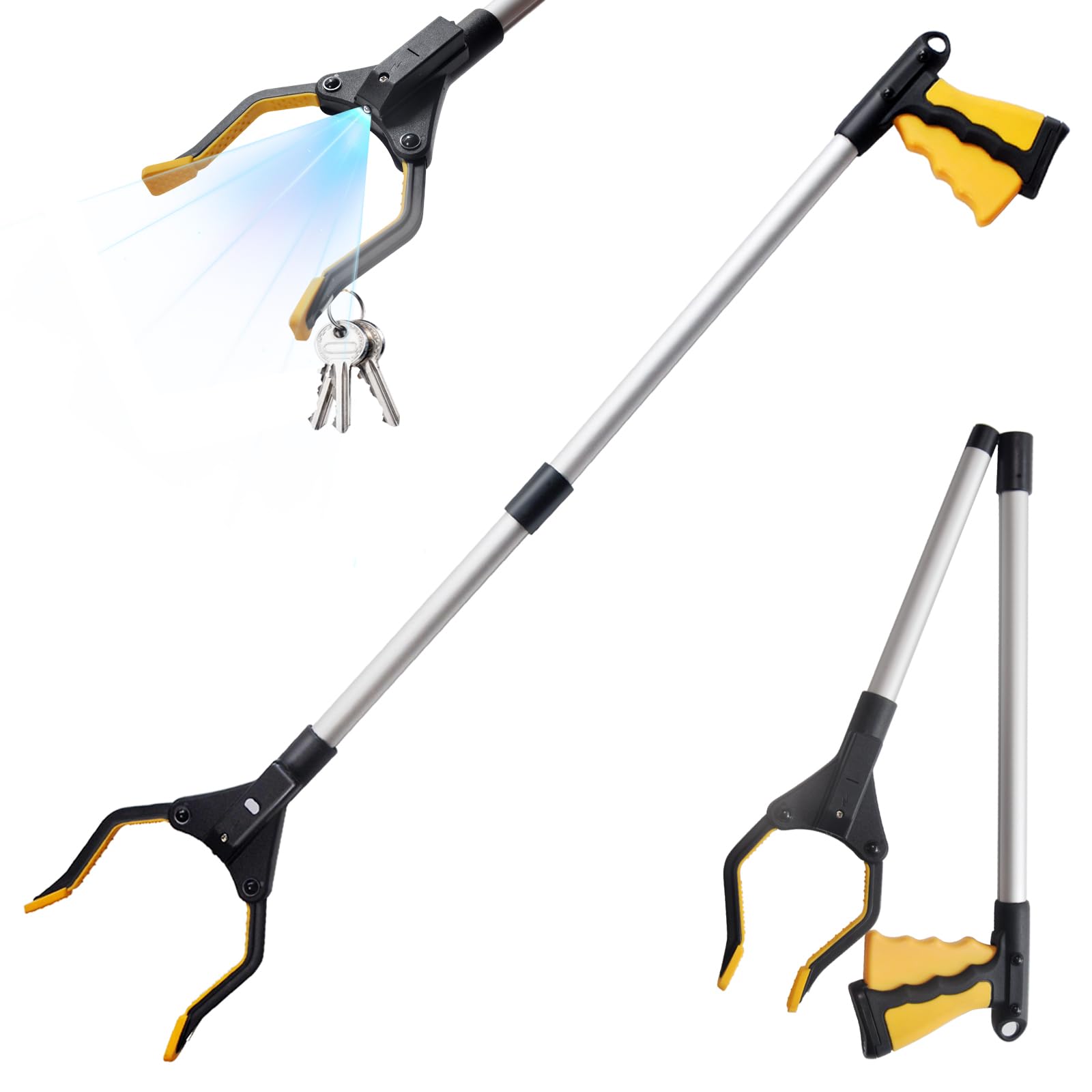 32" reacher grabber tool, rotating head with led light & magnetic tip, aluminum lightweight foldable picker for seniors, garbage picker upper, litter pick up, grab claw