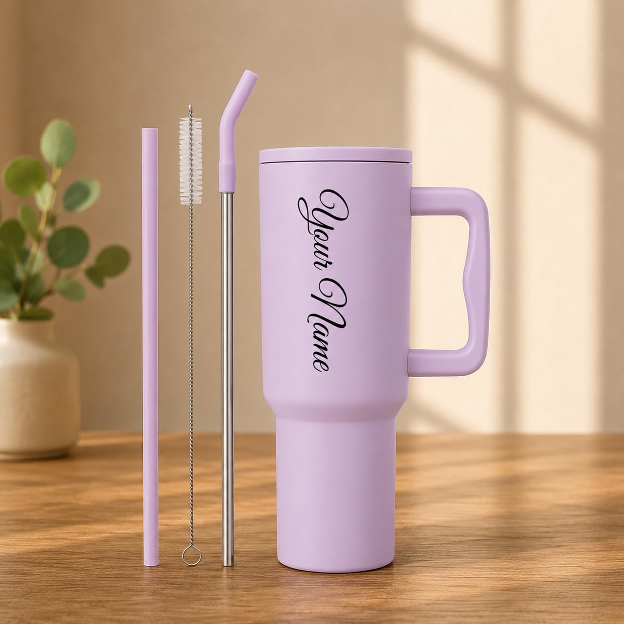 Personalized Stainless Steel Tumbler with Handle, 1200ml, Black Insulated Travel Mug with Straw, Custom Name Design (Purple)-image-16