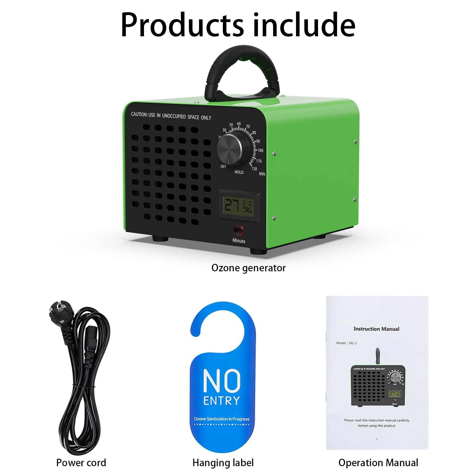 FREEUP Generatore di ozono 60.000 mg/h, Portatile Ozonizzatore per Ambienti Abitazioni Auto Casa Uffici Hotel, con Indicatore di Temperatura e Umidità, Timer 120 min, Max 400 m², Verde
