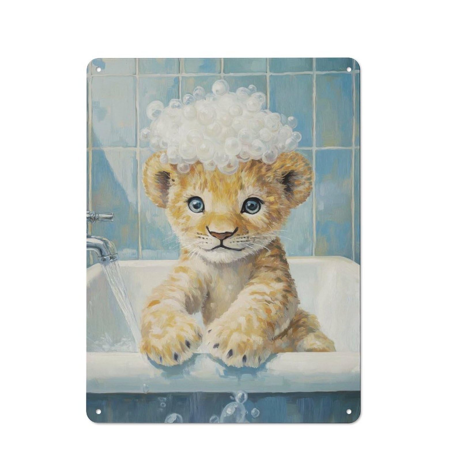 Lion Cub Bath Time Garage Metal Sign 40x30cm, Weathered Look Shed Wall Plaque for Garage, Workshop, Shed Or Utility Room