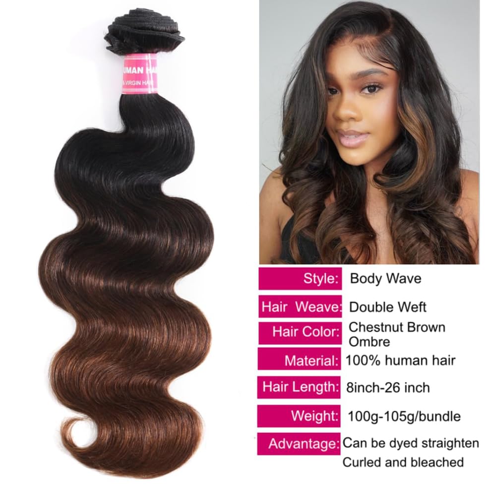 Image of UNICE 12A Body Wave Human Hair Bundles with 4x4 Lace Closure 18 20 22+18 inch 100% Brazilian Virgin Hair Weave Extensions Tangling-Free Shedding-Free Ombre Chestnut Brown Color