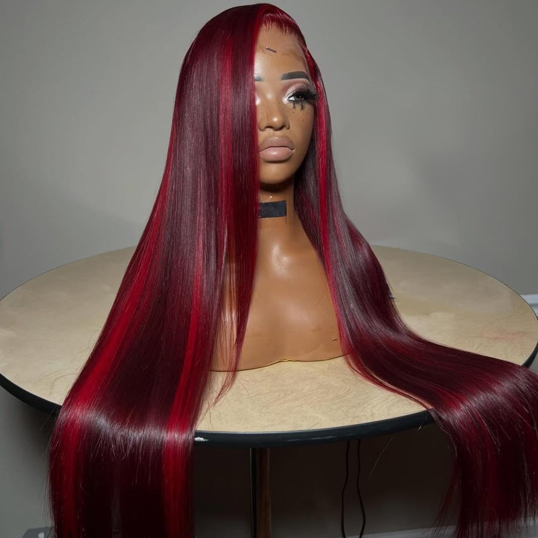 CIYOO Highlight Red Burgundy Wig Human Hair 200% Density 13x6 Straight Lace Front Wigs Human Hair Pre Plucked Glueless Ombre Red Wig for Women HD