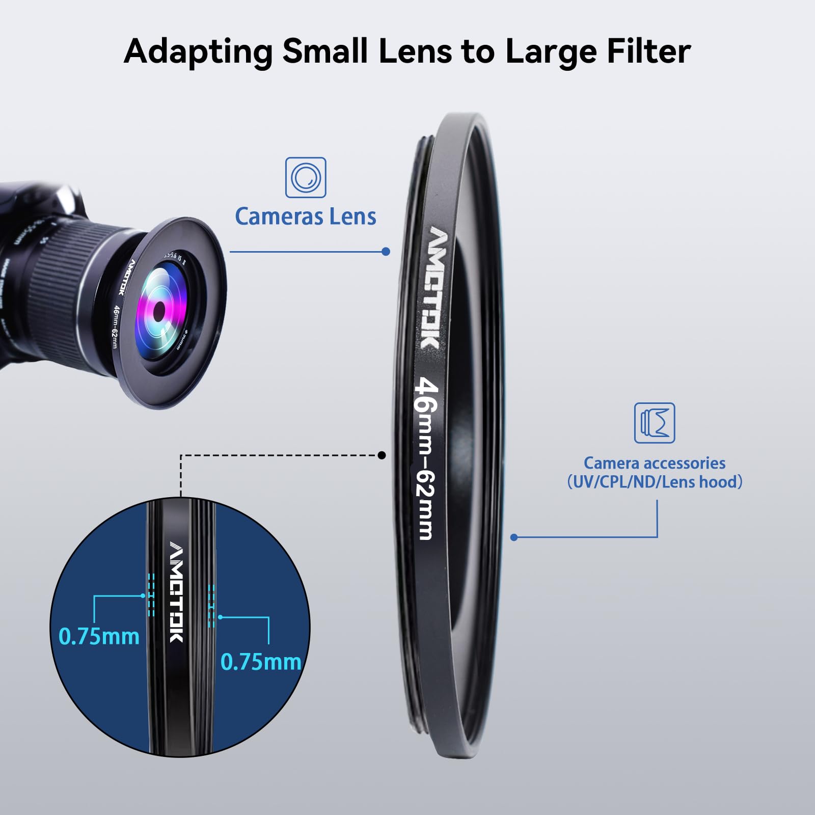 46mm Lens to 62mm Camera Lens Adapter,46mm to 62mm Filter Step-Up Adapter Ring,Compatible All 62mm Filter Accessory — view 4