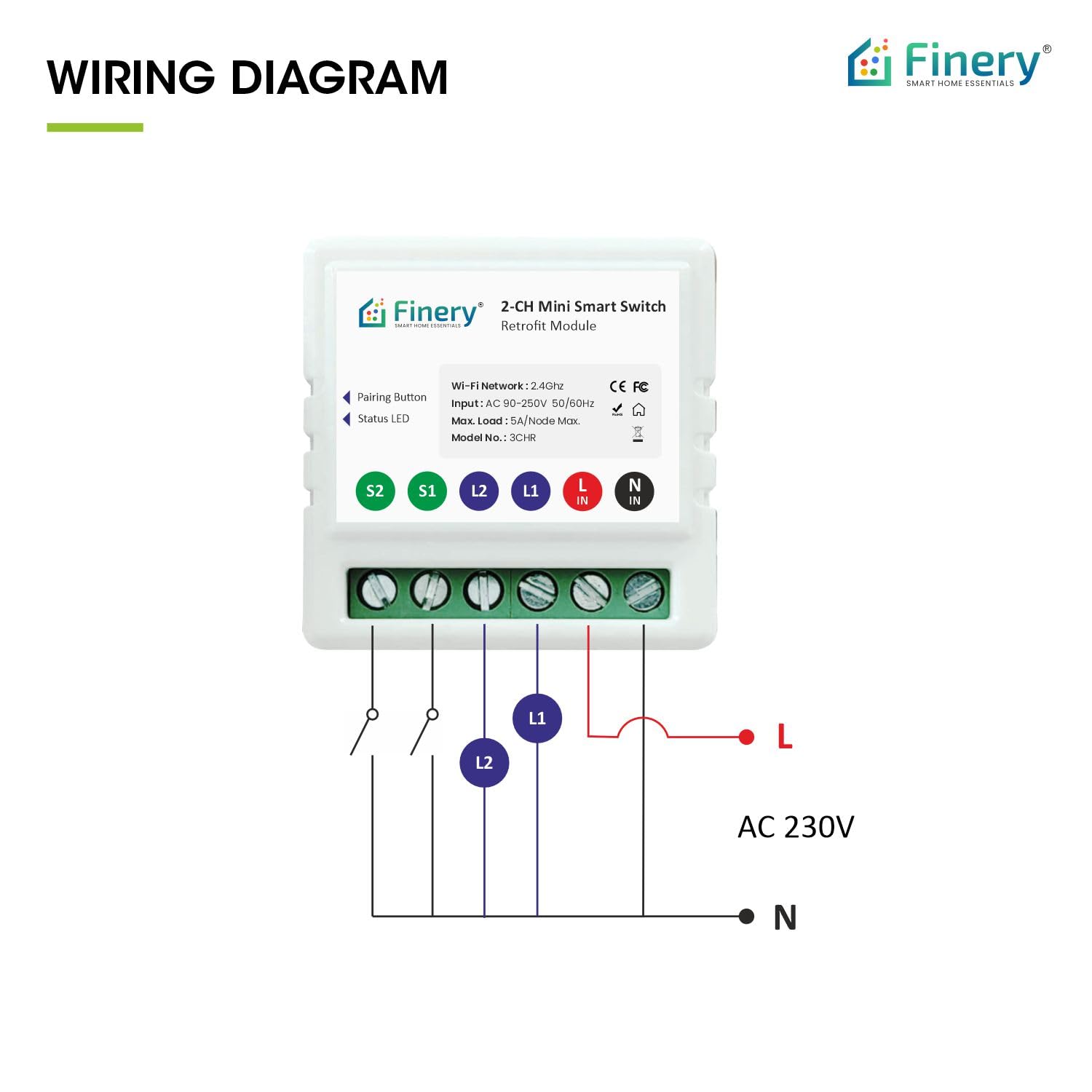 Finery® 2-Node Wi-Fi Smart Switch Power Monitoring Retrofit 10A supports manual button Compatible with Alexa & G Home (2-Node) 4