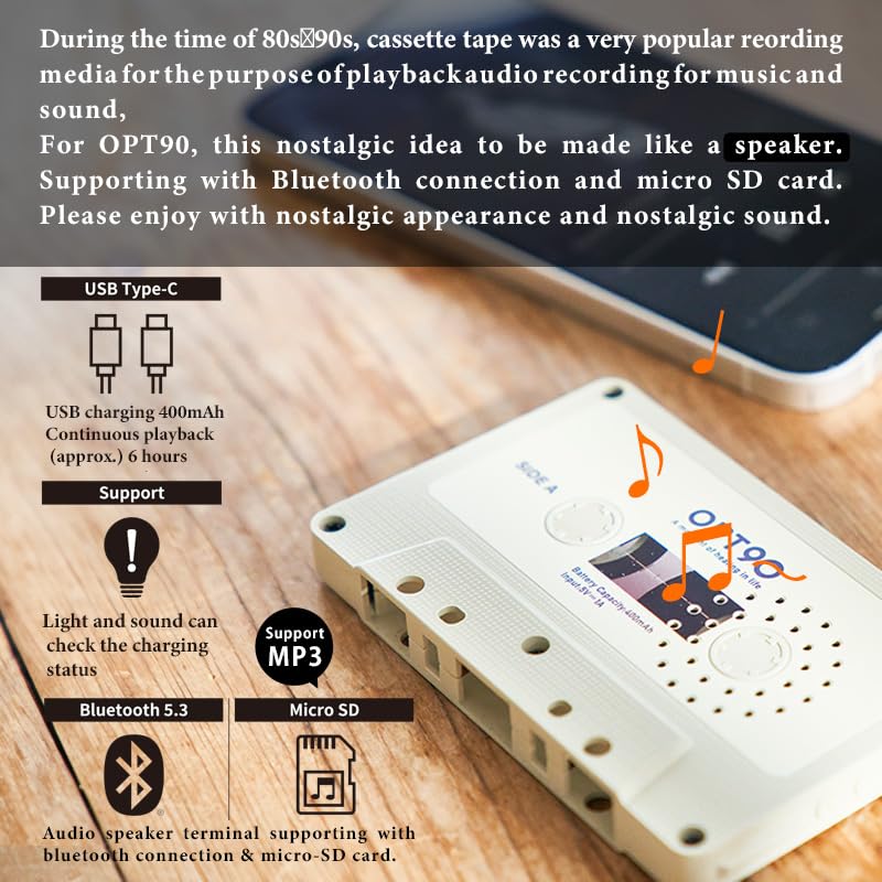 opt! Cassette Speaker, Portable Bluetooth Speakers, Wireless Speakers, Audio Cassette Tape, Support Type C and SD Card, Mixtape, 80s 90s, Japanese Company (Ivory) 4