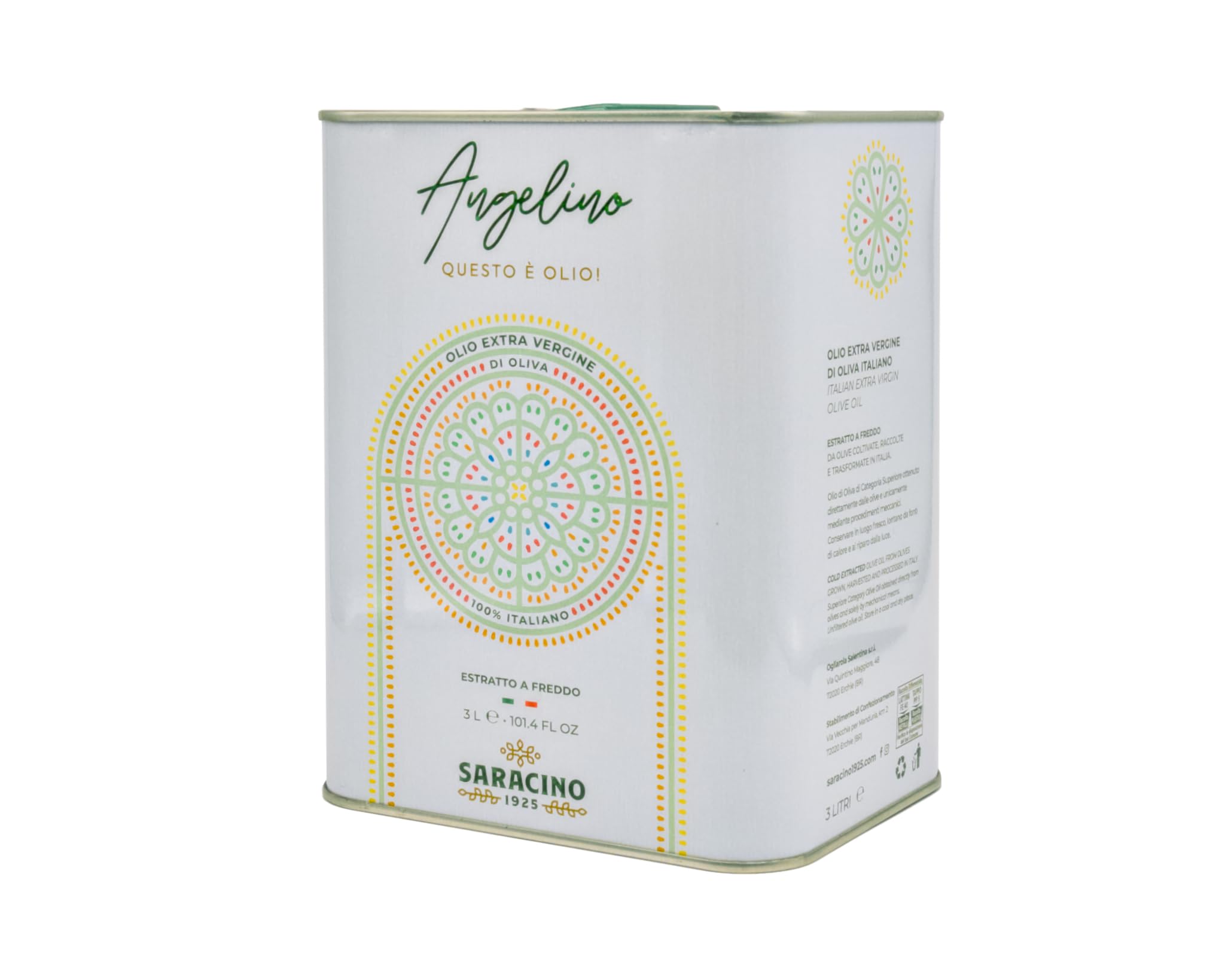 SARACINO 1925 Olio Extravergine di Oliva Italiano 100% – Lattina 3L – Estratto a Freddo – Bassa Acidità <0,4% – Blend Cellina di Nardò, Ogliarola Salentina e Leccino – Olio EVO di Qualità Superiore