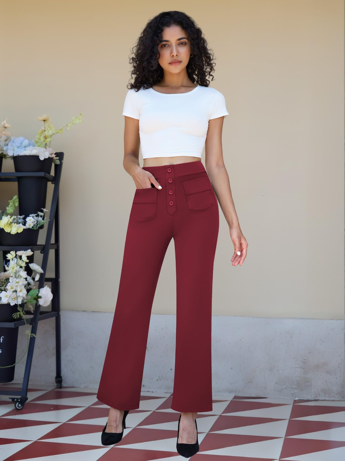 keriffe Women's Straight Leg Pants High Waisted Button Stretchy Business Work Dress Casual Trousers Multiple Pockets: Small Wine Red
