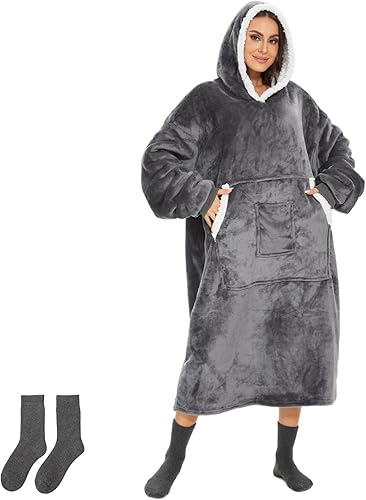 FANBIYA Sudadera con capucha de gran tamaño, manta de lana compuesta de franela, gruesa, cálida, unisex, acogedora manta con capucha, Gris