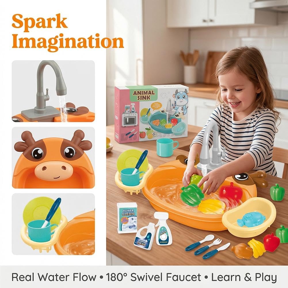Kids Sink with Running Water, Kitchen Sink Toys, Plastic Frog Play Sinks with 180° Rotating Faucet - Image 2