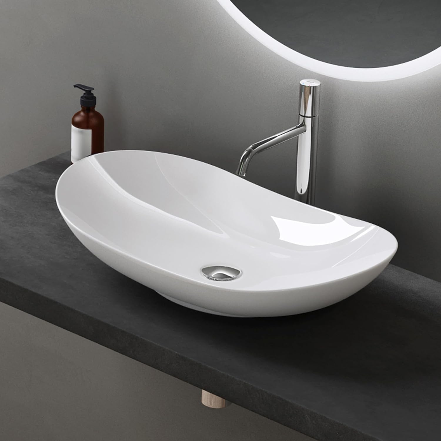 doporro Lavabo sobre Encimera Blano Brillante de Cerámica 63x37x14cm Lavabo de Mano Ovalado Brüssel858