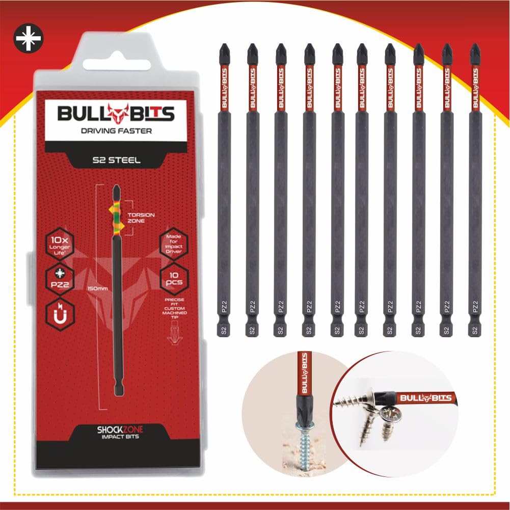 Bull Bits 10X 150Mm Pz2 Impact Screwdriver Bits Set – Pozi Pozidriv, Shock Zone, S2 Steel, Torsion Zone