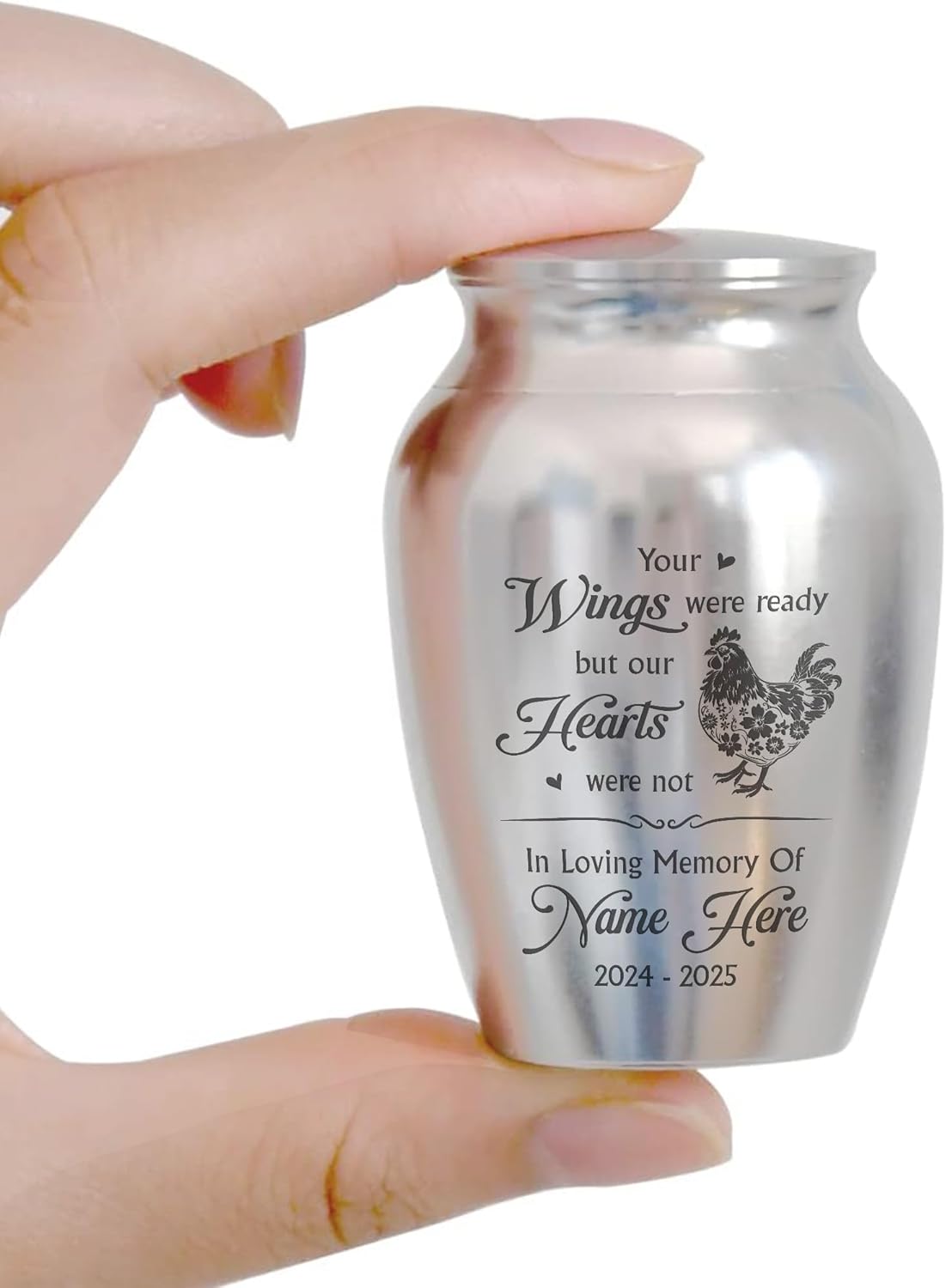Artsy Woodsy Personalized Chicken Memorial Mini Urn Stainless Steel Keepsake Urns for Ashes 2.56x1.77, Loss of Pet Sympathy Gift, Hen Loss Gift, Rooster Remembrance Keepsake (02, 2.56x1.77)