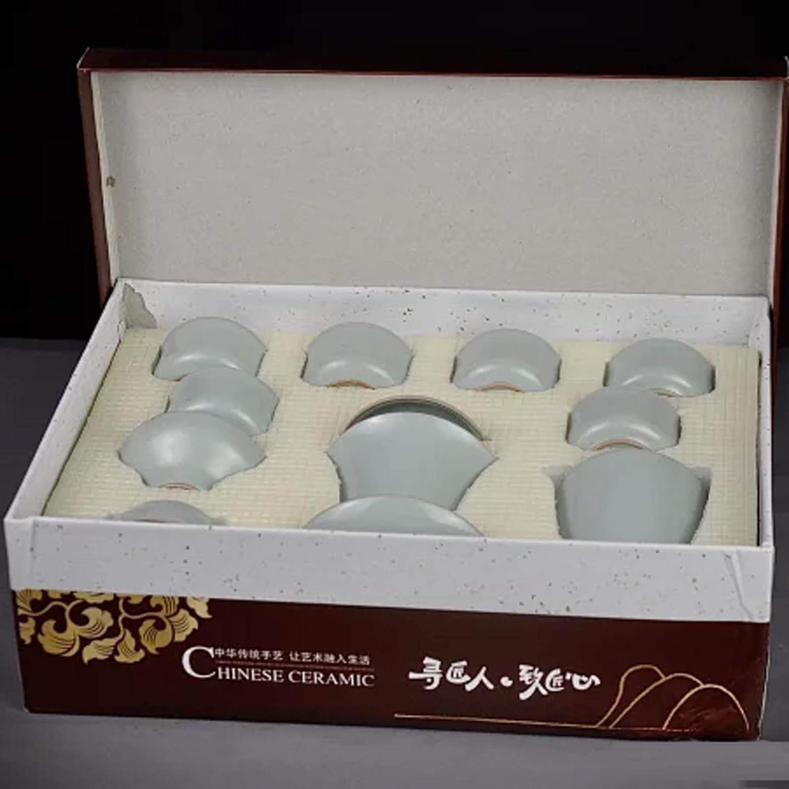 Juego de té de cerámica china, cubierta de cuenco de porcelana Ru cian claro, 6 tazas de té con bolsa de regalo, regalos originales, juego de té único para adultos/amantes del té/mujeres/hombres