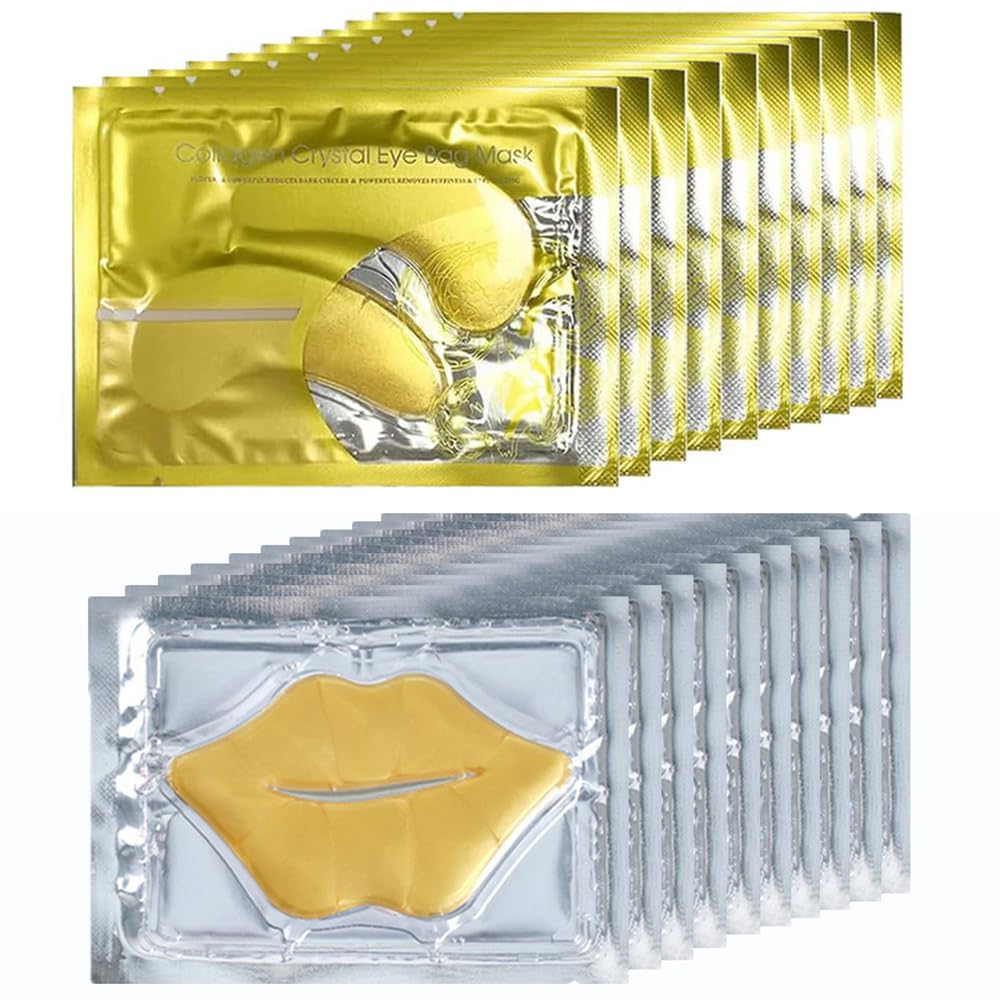 24K Gold Gel Crystal Collagen Lip and Eye Mask Set, 10 Pairs Gold Eye Mask & 10 Pcs Gold Lip Mask for Moisturizing, Anti Wrinkle, Anti-Aging Hydrating Lips Patches and Under Eye Gel Pads 24K Gold Gel Crystal Collagen Lip and Eye Mask Set, 10 Pairs Gold Eye Mask & 10 Pcs Gold Lip Mask for Moisturizing, Anti Wrinkle, Anti-Aging Hydrating Lips Patches and Under Eye Gel Pads