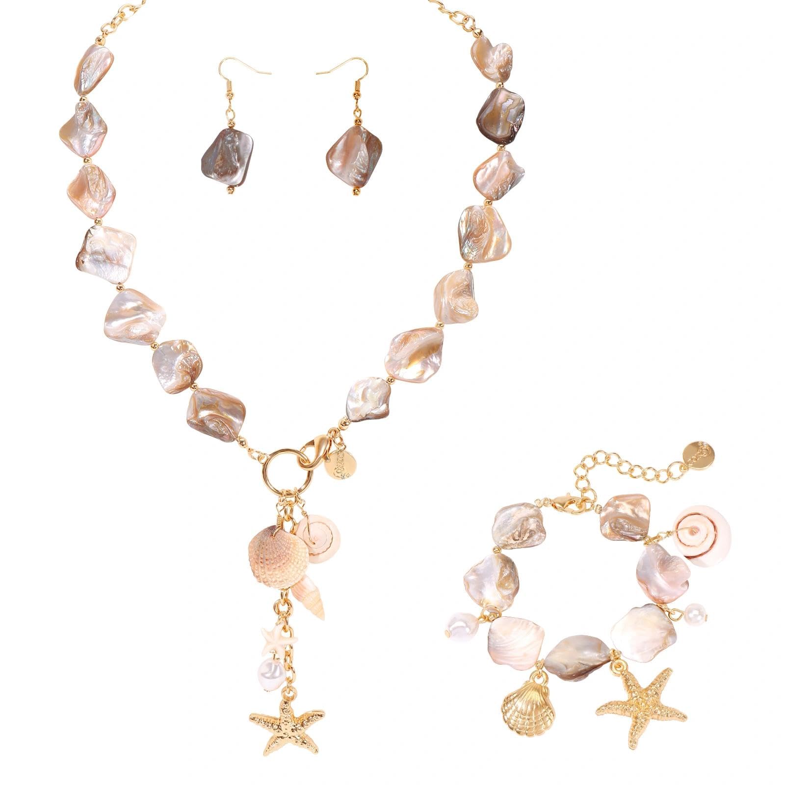 Coiris Natural Seashell Choker Necklaces Earrings Jewelry Set for Women Starfish Shell Freshwater Pearl Collar Necklaces for Women Irregular Mother of Pearl Jewelry Set