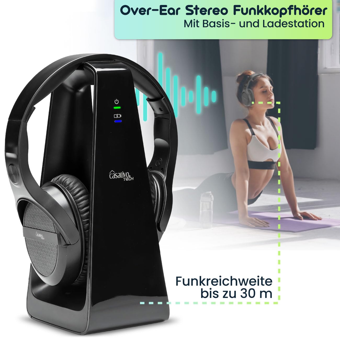 Digitaler Stereo-Funk-Kopfhörer mit 2-in-1 Funk- & Ladestation – kabellos, 30 m Reichweite, kristallklarer Sound, bequem & leicht, schwarz