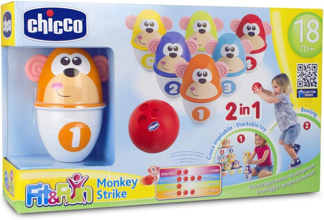 Chicco Monkey Strike Kids Bowling Set - Kegelspiel für Kinder mit 6 trennbaren Pins, stapelbar in 12 Teile, inklusive Kunststoffball - Kegelspielzeug, Geschenke für Kinder von 18 Monaten bis 8 Jahren