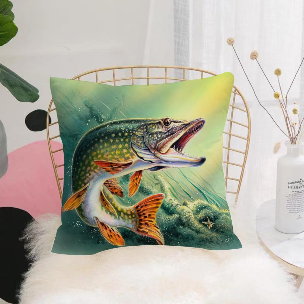 Hyosxw Predatory Fish Pike Painted In Watercolor - A2 Cushion Cover,Throw Pillow Case Home Decorative For Living Room Bedroom Sofa Chair 18X18 Inch,Predatory Fish Pike Painted In Watercolor,Pillowcase 45X45cm
