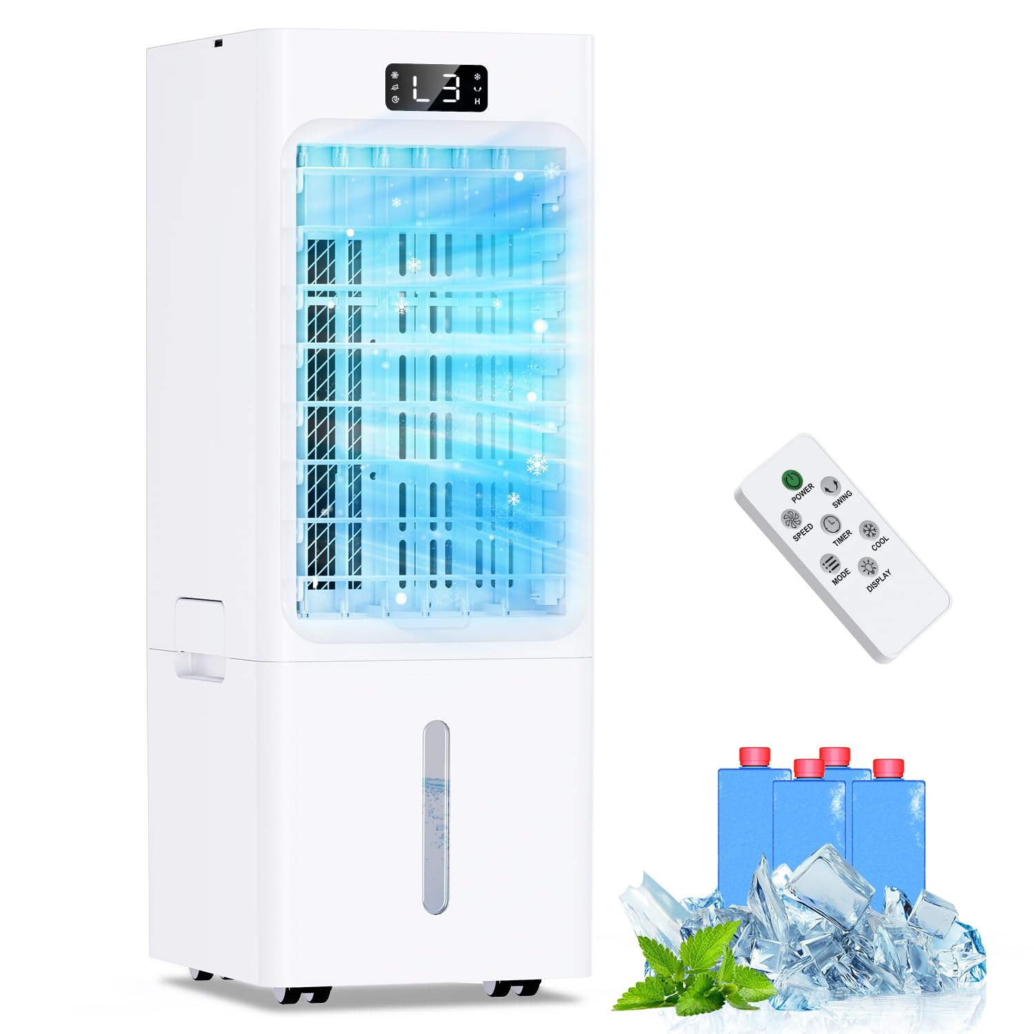Rafraîchisseur d'Air 4 en 1, Climatiseur Mobile avec Réservoir 6L, Minuterie, 3 Vitesses 4 Modes, 4 Pack Glacons, Télécommande, Refroidisseur Portable pour la Maison, le Bureau et la Chambre
