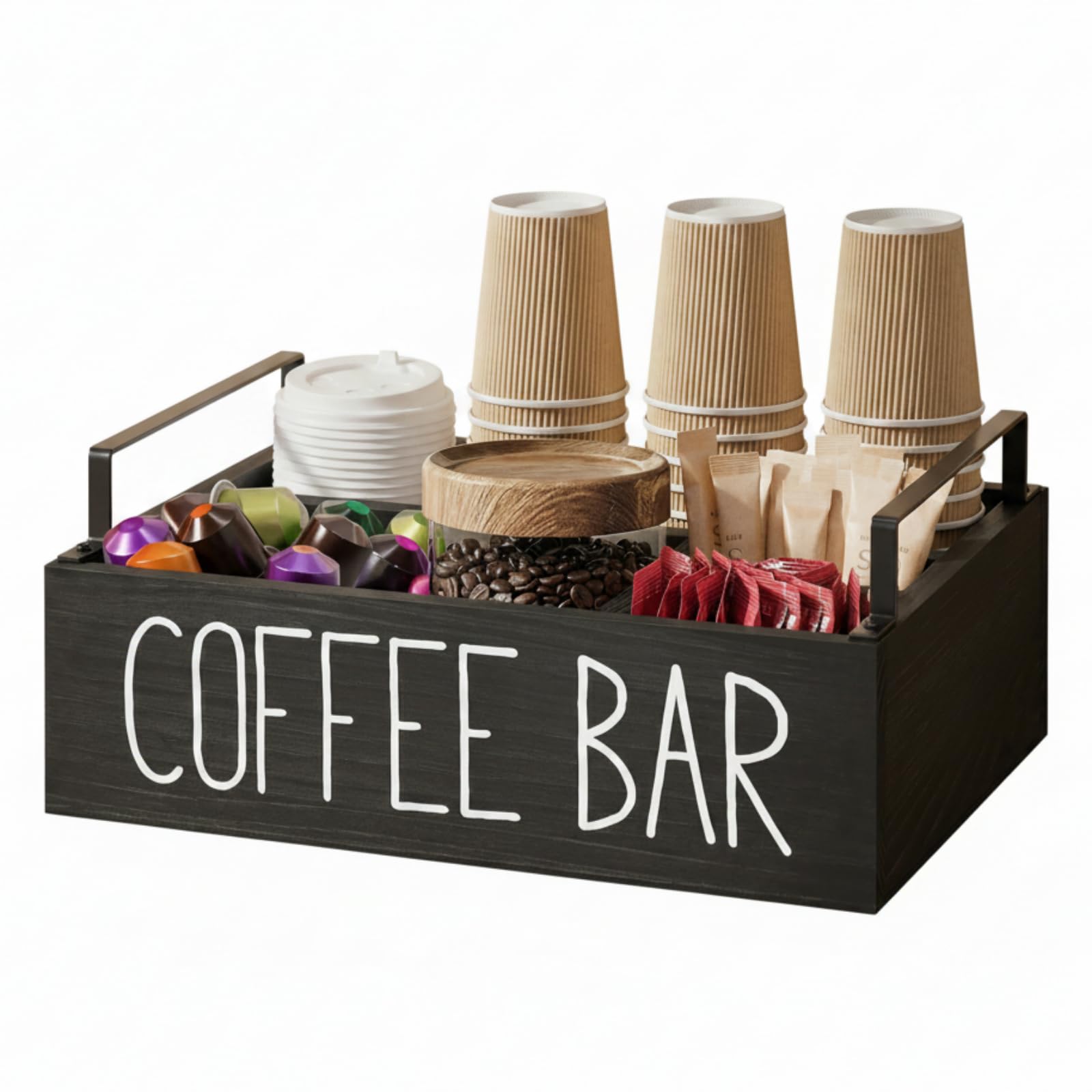 Coffee Bar Organizer Caddy, 3 Compartments, Farmhouse Counter Coffee Station Organizer, Solid Wood Material, 11.8x7.8x3.1 Inches, With 2 Metal Handles