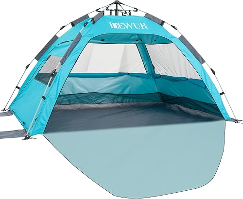 Dewur Strandmuschel 2-4 Personen Pop Up Strandzelt mit Sonnensegel UPF 50+ UV Sonnenschutz Wasserdicht für Familien Strand Camping Garten, Blau - 1
