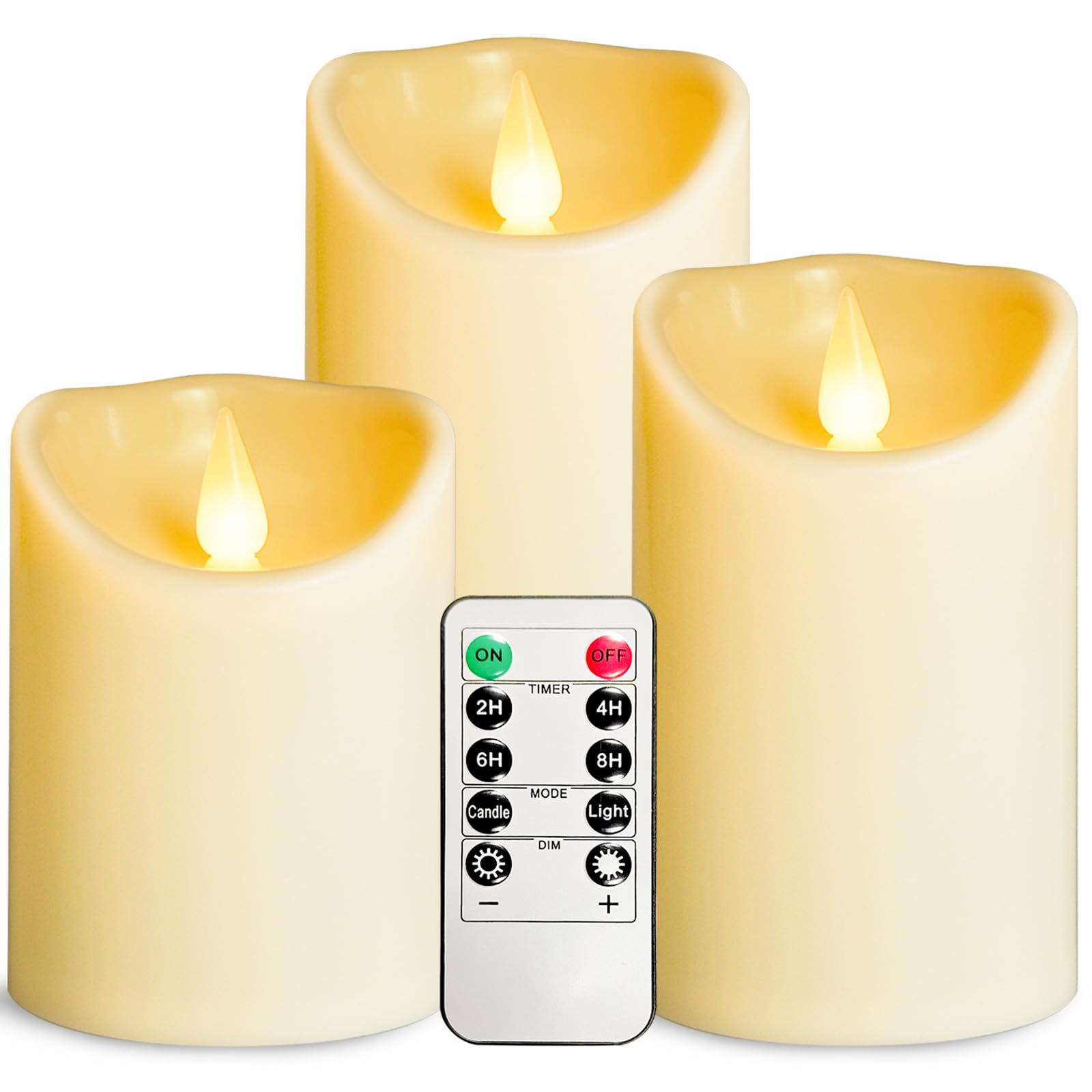 OSHINE Plastic Battery Flameless Candles - led Battery Candles Set of 3 Ivory D3 H4 5" 6" Powered Outdoor Candle Operated with Remote Control and Timer Electric Fake Flickering for Decoration Party