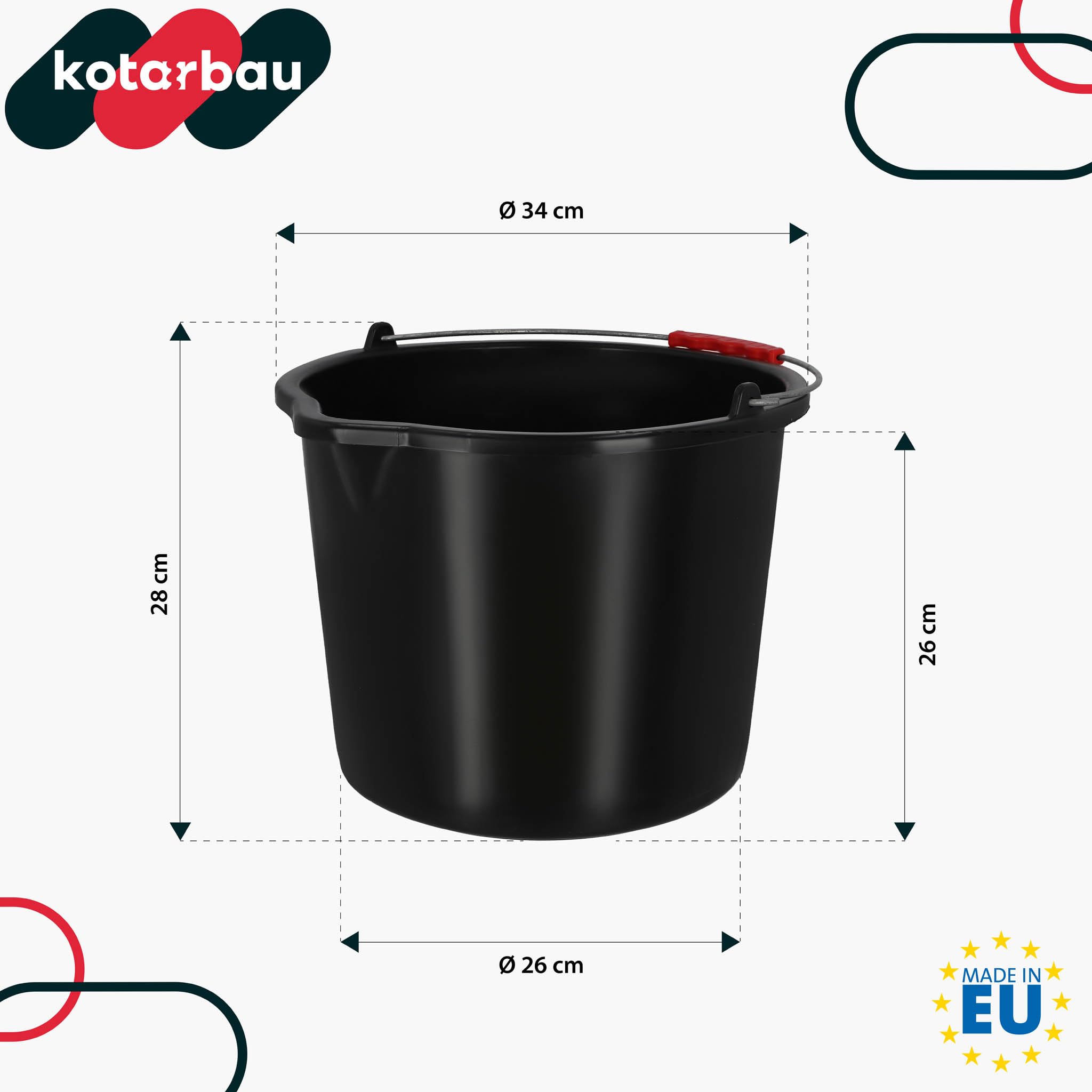 KOTARBAU® Seau de Maçon, Seau de Construction 16 L, Plastique | Lot de 3, Seau de Chantier, Seau à Mortier, Noir, avec Bec Verseur et Anse, Rond