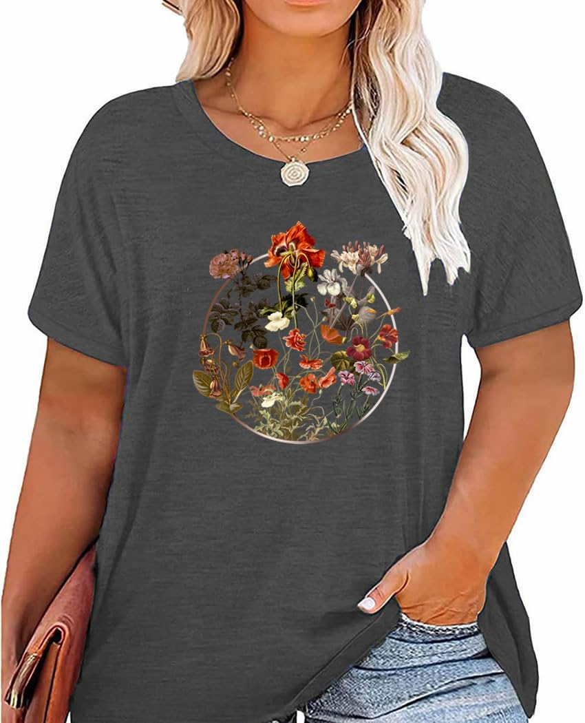 GeLivable Women Short Sleeve Plus Size O-Neck Vintage Flower Botanical Graphic Printed Shirt Casual Top Tshirt Tunics