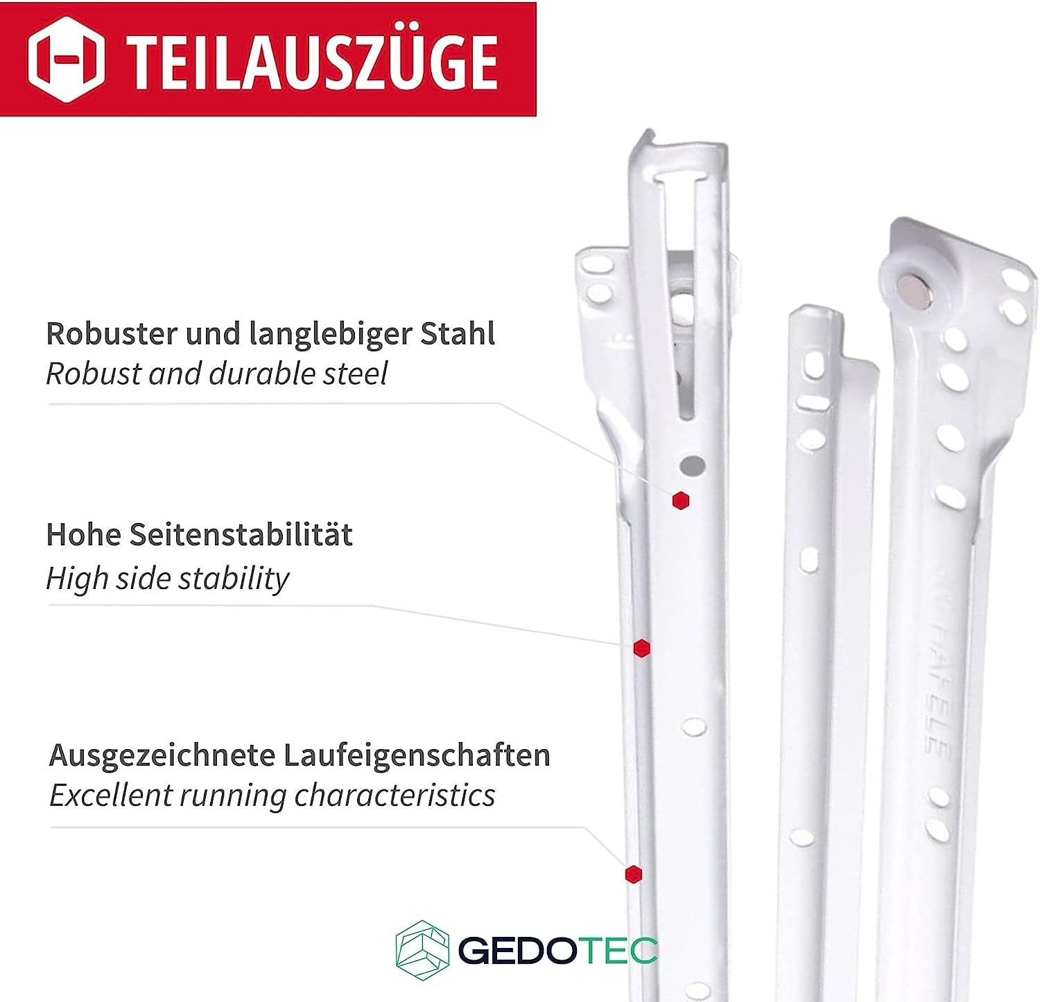 Gedotec Wyciąg do szuflad, 450 mm, 10 par – szyny do szuflad, metalowe prowadnice na kółkach, regał regałowy, stal biała, wysuwany mebel do szuflad drewnianych, prowadnica kulkowa, prowadnice do szafek kuchennych