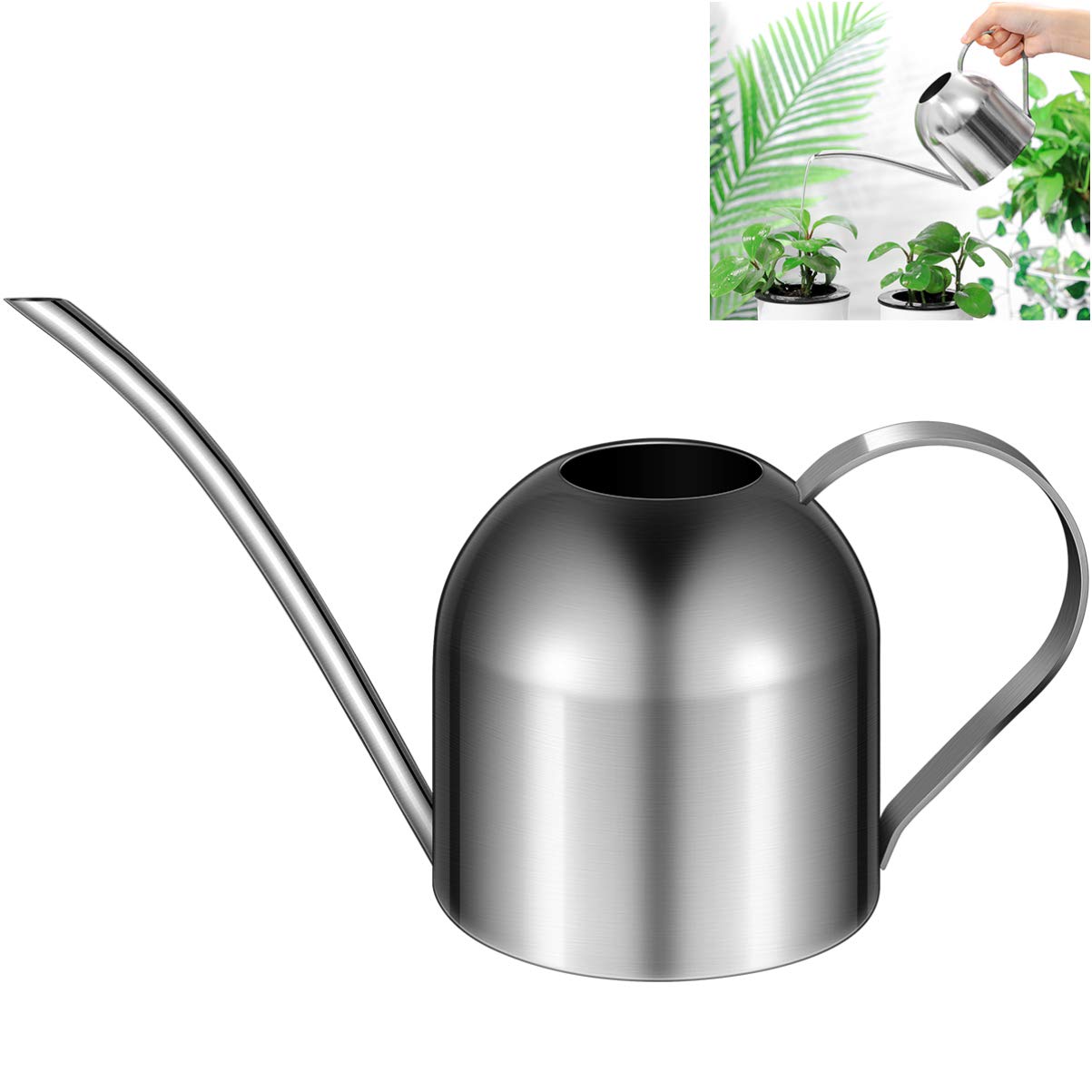Yardwe 1 annaffiatoio in acciaio inox per piante da interni o da casa, con beccuccio lungo da giardino, 1000 ml, piccolo vaso di irrigazione (argento)