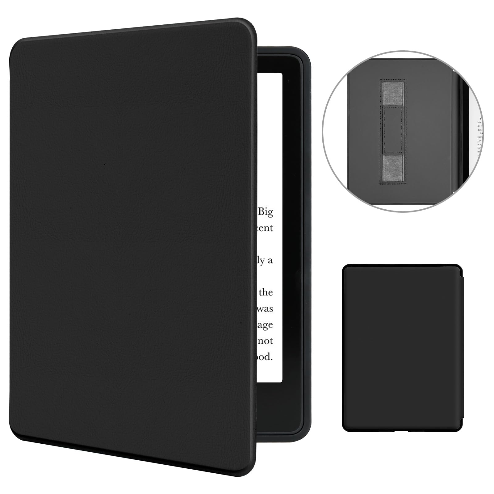 MOROCK Case for 6" Kindle 11th Generation (2024/2022), Black | Slim and Lightweight PU Leather Cover with Hand Strap, Auto Wake/Sleep, Model No.RS23CV/C2V2L3